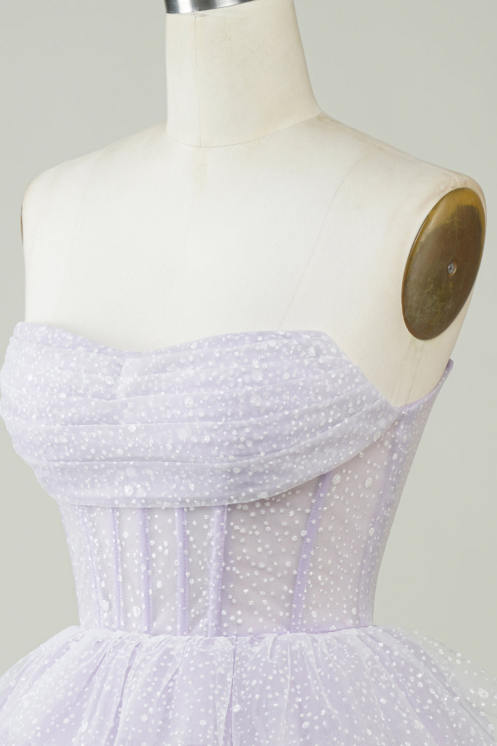 Sparkly Lilac Strapless Corset Polka Dots Tiered Cute Homecoing Dress