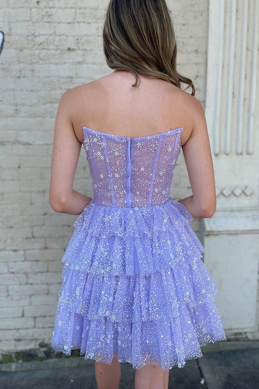 Lilac Sparkly Strapless Corset Polka Dots Tiered Cute Homecoing Dress