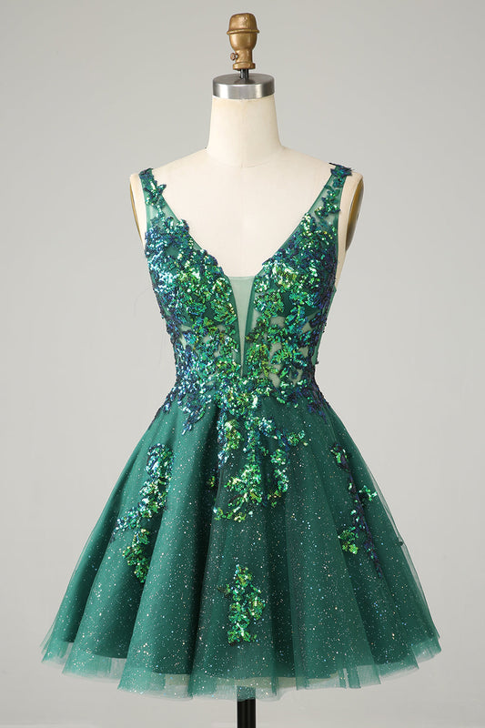 Dark Green Cute Sparkly Homecoming Dress with Sequins Appliques