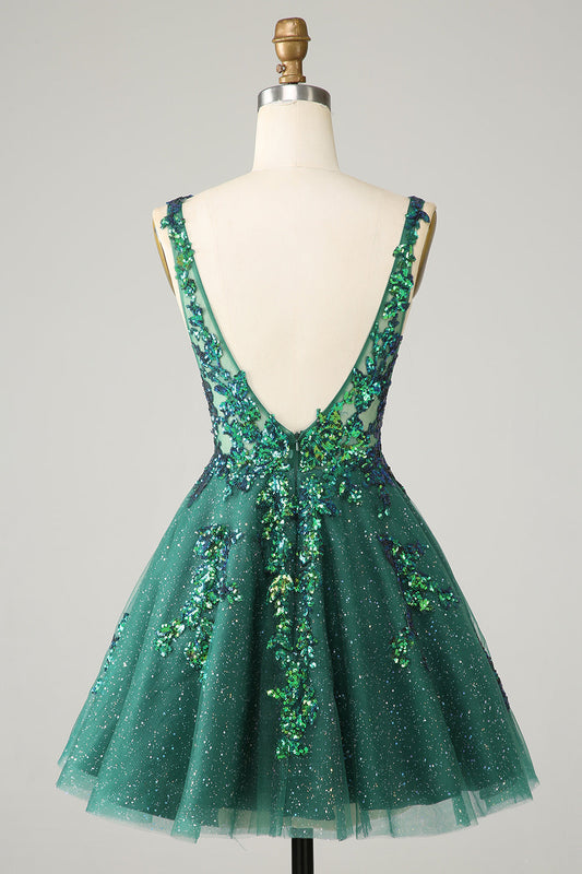 Dark Green Cute Sparkly Homecoming Dress with Sequins Appliques