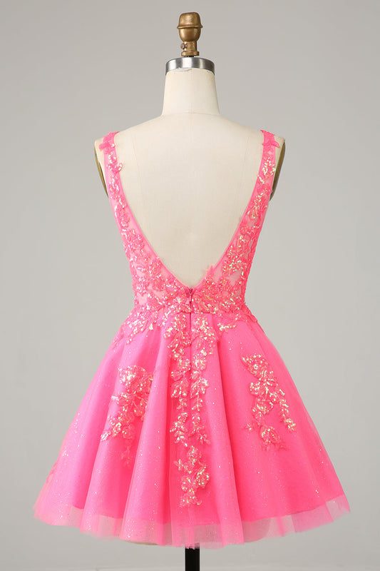 Hot Pink Cute Sparkly Homecoming Dress with Sequins Appliques