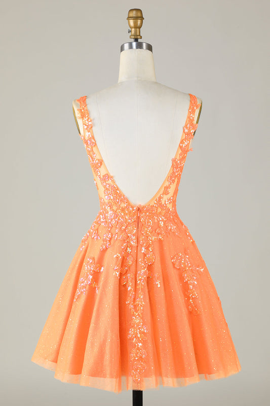 Orange Cute Sparkly Homecoming Dress with Sequins Appliques