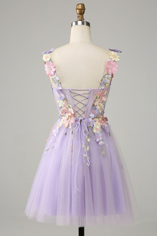 Cute A Line Lavender Short Homecoming Dress with 3D Floral