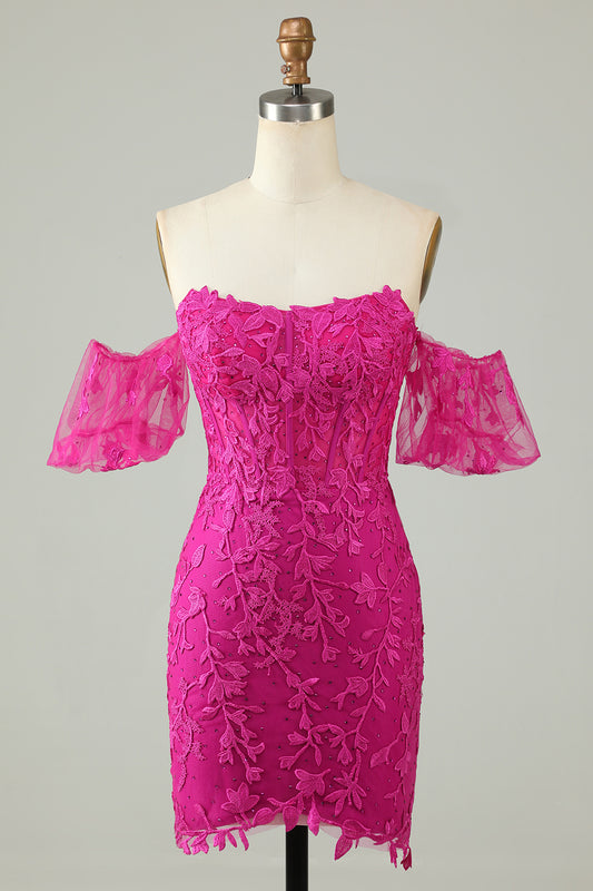 Hot Pink Tight Glitter Homecoming Dress with Appliques