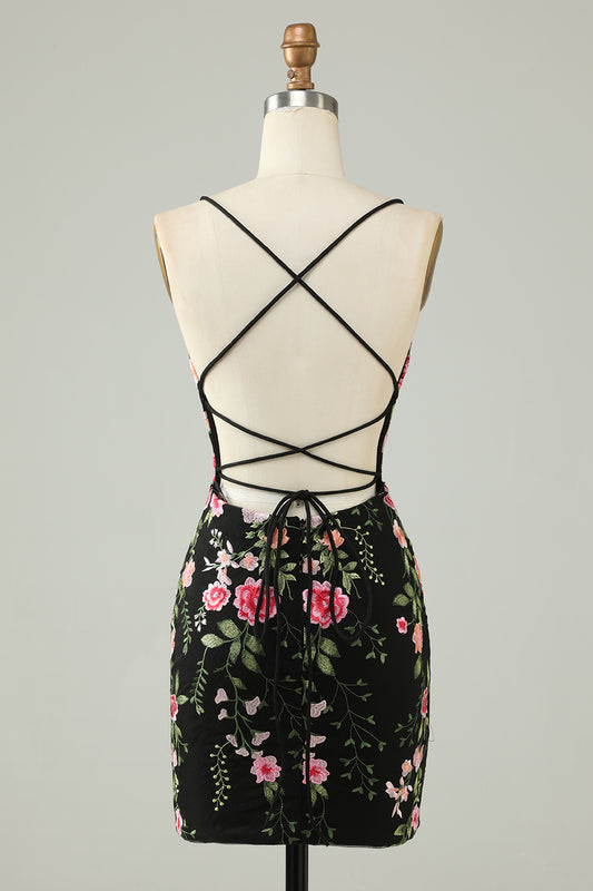 Spaghetti Straps Sweetheart Black Homecoming Dress with Appliques