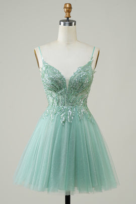 Glitter Green Homecoming Dress with Beaded