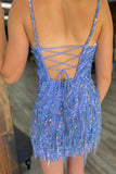 Sparkly Sheath Spaghetti Straps Blue Short Homecoming Dress with Fringes