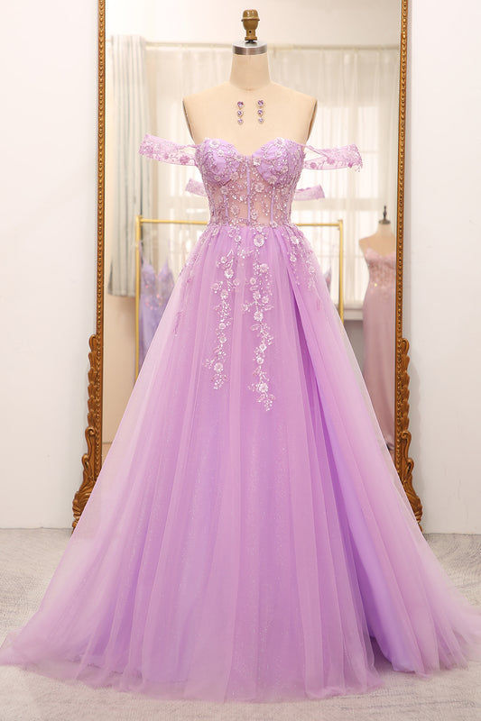 Lilac A-Line Off The Shoulder Beaded Corset Prom Dress