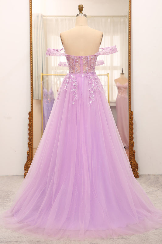 Lilac A-Line Off The Shoulder Beaded Corset Prom Dress