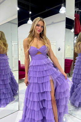 Purple Tulle A-Line Tiered Long Prom Dress with Slit