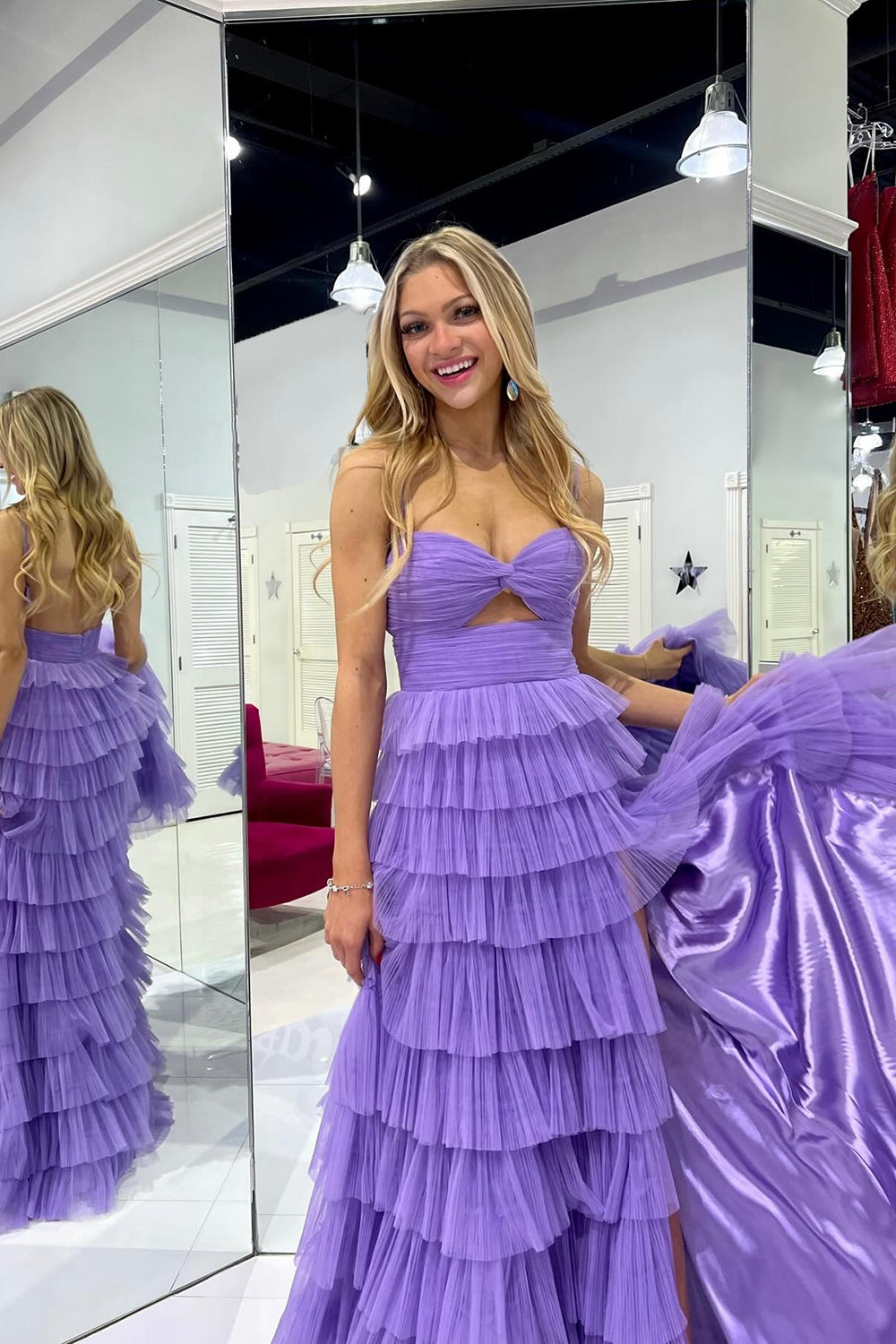 Purple Tulle A-Line Tiered Long Prom Dress with Slit