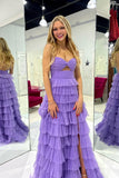 Purple Tulle A-Line Tiered Long Prom Dress with Slit