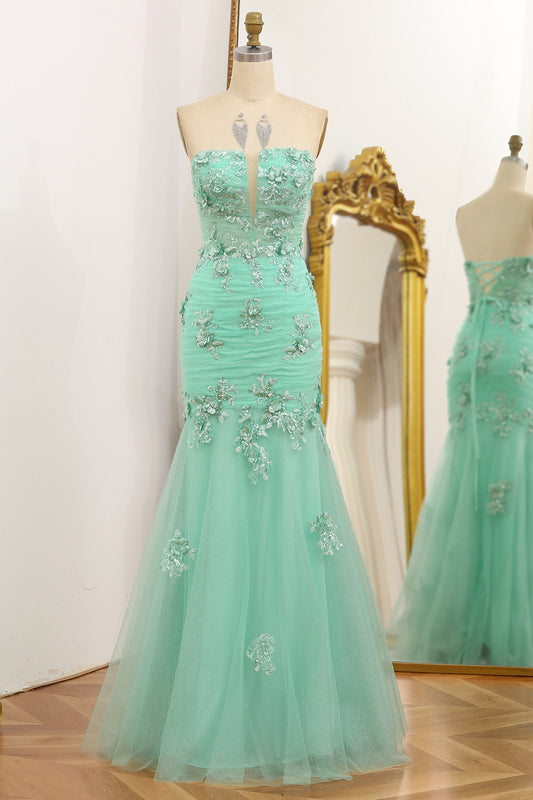 Green Mermaid Appliqued Strapless Tulle Prom Dress