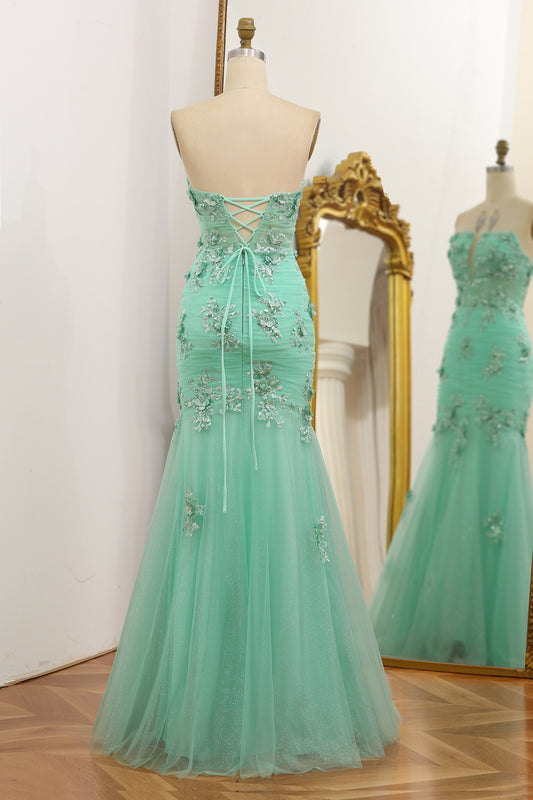 Green Mermaid Appliqued Strapless Tulle Prom Dress