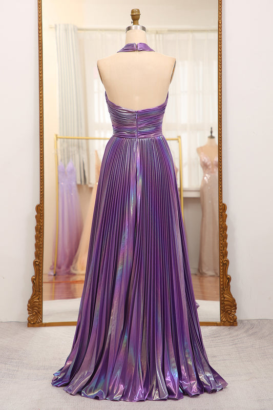 Sparkly Dark Purple A Line Halter Backless Long Prom Dress With Side Slit