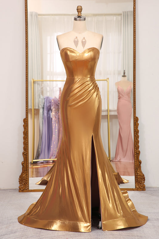 Sparkly Golden Mermaid Sweetheart Long Prom Dress With Slit