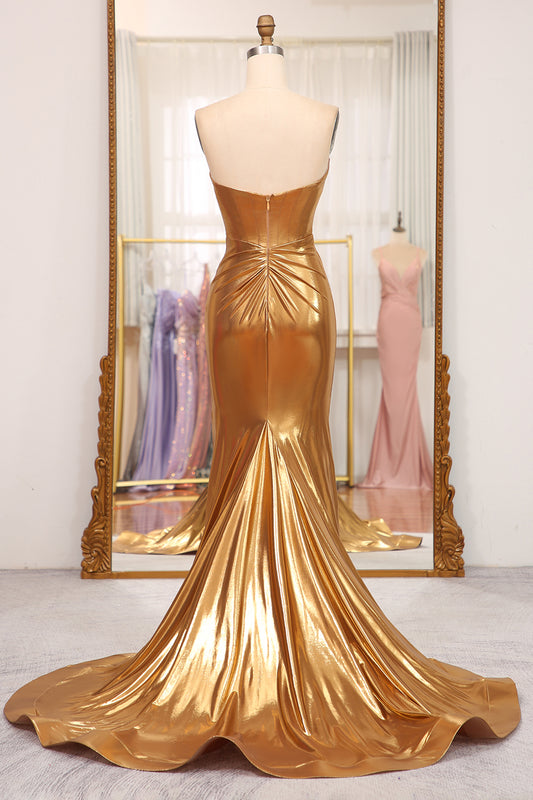 Sparkly Golden Mermaid Sweetheart Long Prom Dress With Slit