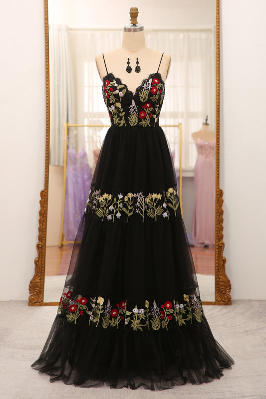 Black A-Line Spaghetti Straps Embroidered Long Corset Prom Dress