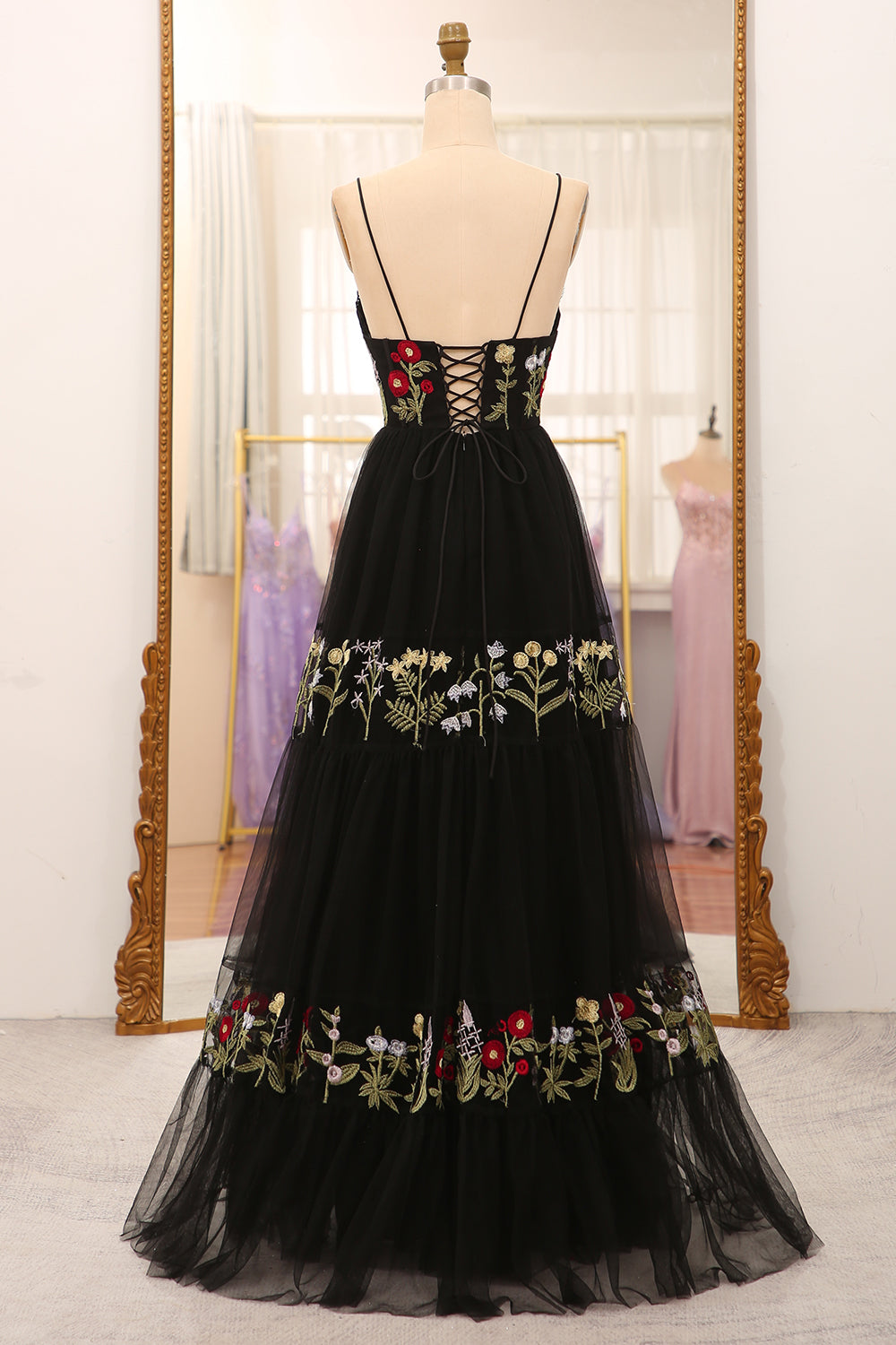 Black A-Line Spaghetti Straps Embroidered Long Corset Prom Dress