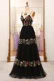 Black A-Line Spaghetti Straps Embroidered Long Corset Prom Dress