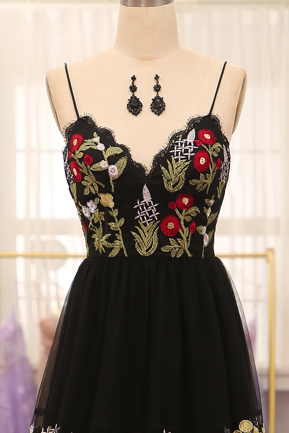 Black A-Line Spaghetti Straps Embroidered Long Corset Prom Dress