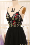 Black A-Line Spaghetti Straps Embroidered Long Corset Prom Dress