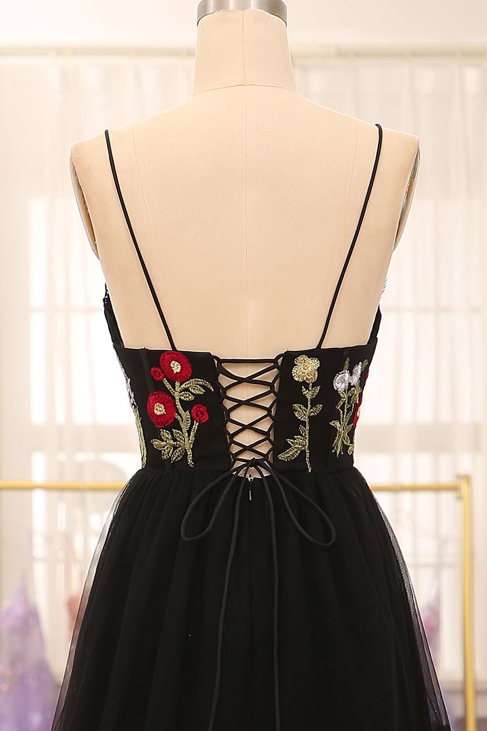 Black A-Line Spaghetti Straps Embroidered Long Corset Prom Dress