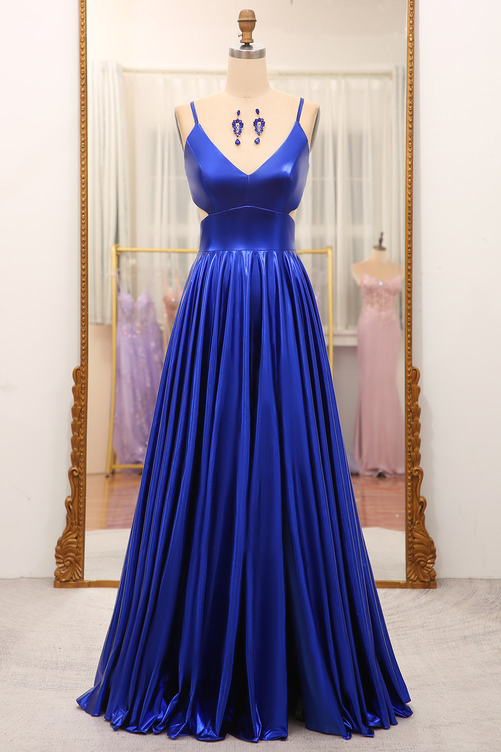 Royal Blue V-neck Open Back A-line Prom Dress