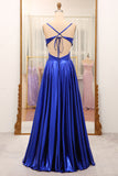 Royal Blue V-neck Open Back A-line Prom Dress