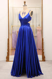 Royal Blue V-neck Open Back A-line Prom Dress