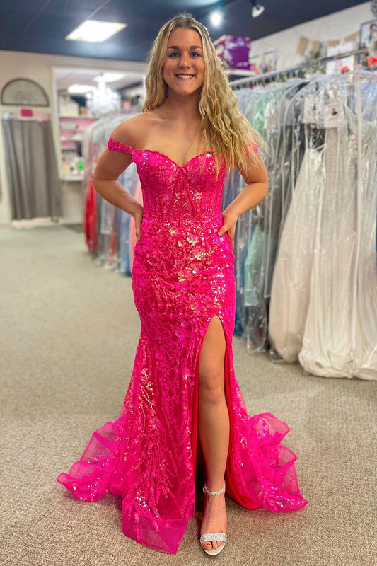 Sparkly Mermaid Off The Shoulder Fuchsia Corset Prom Dress with Slit