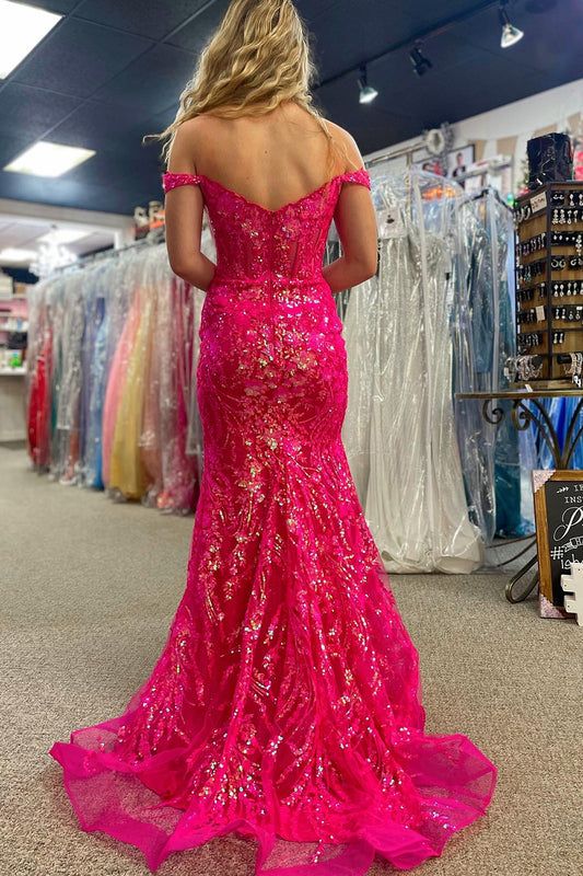 Sparkly Mermaid Off The Shoulder Fuchsia Corset Prom Dress with Slit