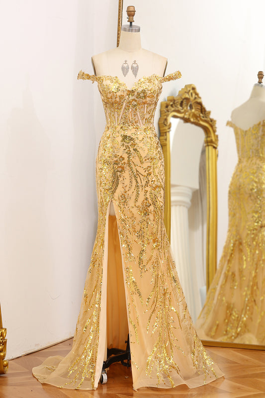Golden Sequins Mermaid Off The Shoulder Long Prom Dress