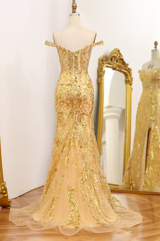 Golden Sequins Mermaid Off The Shoulder Long Prom Dress