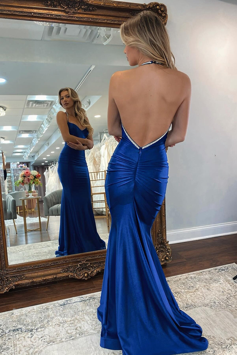 Royal Blue Mermaid Halter Neck Backless Long Prom Dress