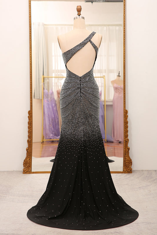 Sparkly Black Mermaid One Shoulder Corset Prom Dress