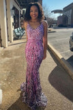 Purple Mermaid Spaghetti Straps Sparkly Sequin Long Prom Dress