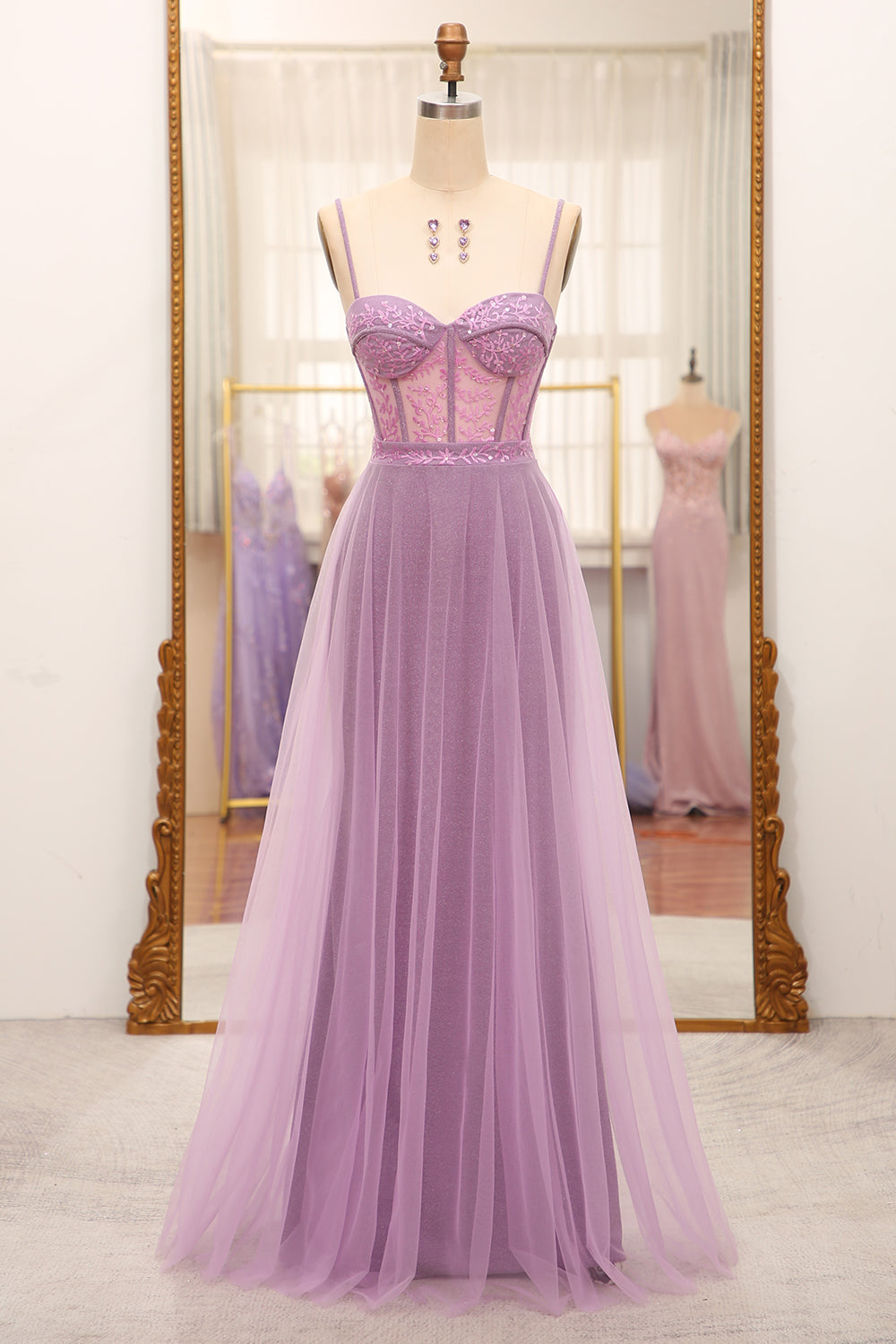 A-Line Lilac Spaghetti Straps Long Corset Prom Dress