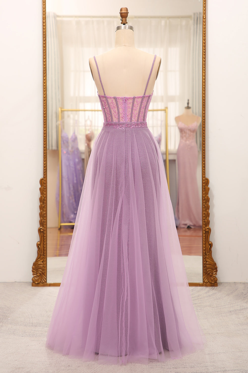 A-Line Lilac Spaghetti Straps Long Corset Prom Dress