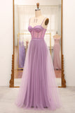 A-Line Lilac Spaghetti Straps Long Corset Prom Dress