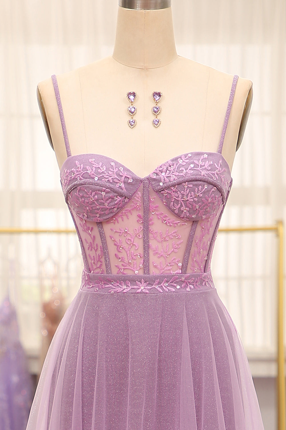 A-Line Lilac Spaghetti Straps Long Corset Prom Dress