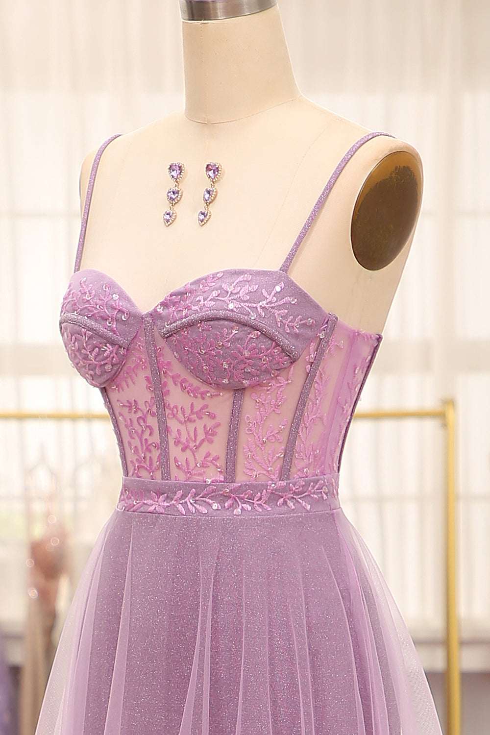 A-Line Lilac Spaghetti Straps Long Corset Prom Dress