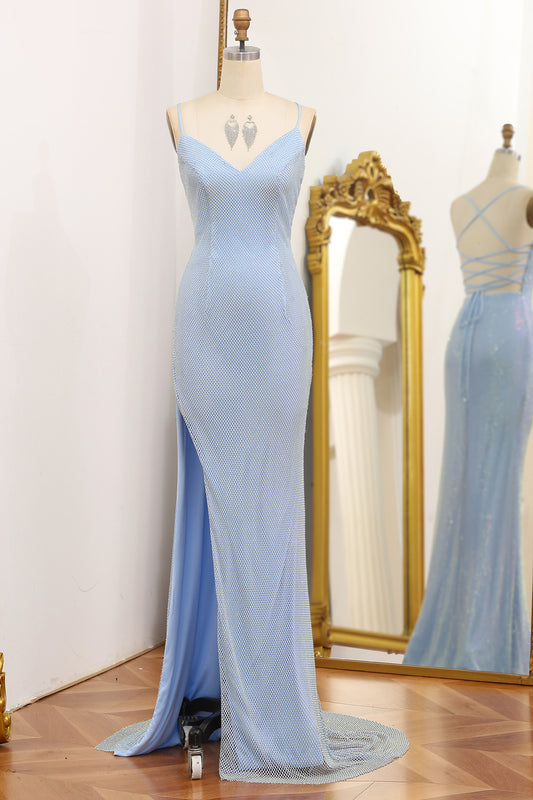 Blue Mermaid Criss Cross Back Spaghetti Straps Prom Dress