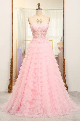 Pink A-Line Strapless Tiered Long Corset Prom Dress