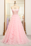 Pink A-Line Strapless Tiered Long Corset Prom Dress