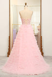 Pink A-Line Strapless Tiered Long Corset Prom Dress