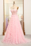 Pink A-Line Strapless Tiered Long Corset Prom Dress