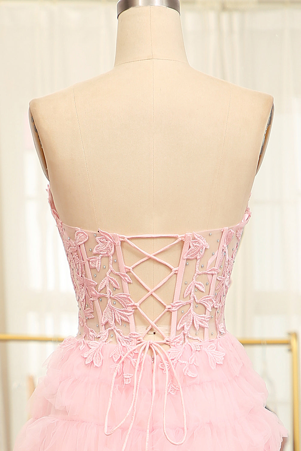 Pink A-Line Strapless Tiered Long Corset Prom Dress