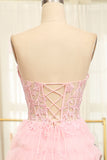 Pink A-Line Strapless Tiered Long Corset Prom Dress