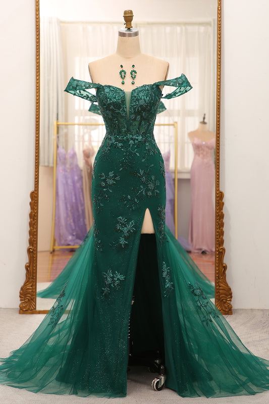 Mermaid Off The Shoulder Dark Green Prom Dress with Appliques